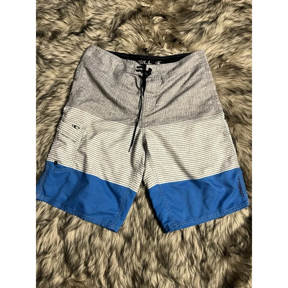 ONEILL Board Shorts Mens Size 32 Swim Gray Blue Striped Shorts